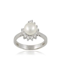 Сребърен пръстен с покритие от родий с Естествени култивирани перли цвят бял на бижутерия Blessa цена 49.00лв