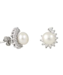 Сребърни обеци с покритие от родий с Естествени култивирани перли цвят бял на бижутерия Blessa цена 55.00лв