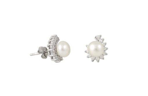 Сребърни обеци с покритие от родий с Естествени култивирани перли цвят бял на бижутерия Blessa цена 55.00лв