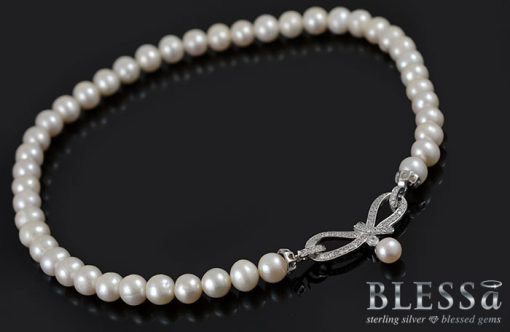 Сребърно колие "IRINI" с покритие от родий с Естествени култивирани перли и Циркони на бижутерия Blessa цена 125.00лв