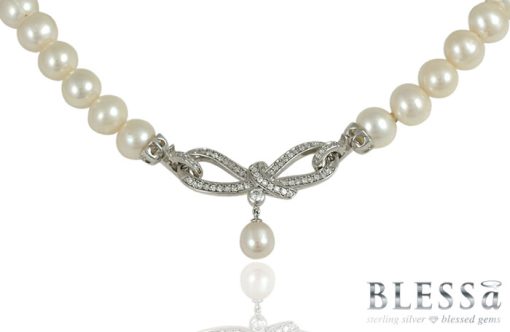 Сребърно колие "IRINI" с покритие от родий с Естествени култивирани перли и Циркони на бижутерия Blessa цена 125.00лв