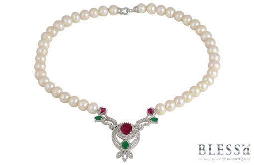 Сребърно колие "IRINI" с покритие от родий с Естествени култивирани перли и Циркони на бижутерия Blessa цена 189.00лв