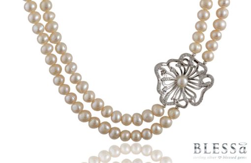 Сребърно колие "IRINI" с покритие от родий с Естествени култивирани перли, Циркони на бижутерия Blessa цена 129.00лв