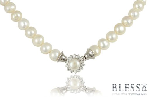 Сребърно колие "IRINI" с покритие от родий с Естествени култивирани перли и Циркони на бижутерия Blessa цена 115.00лв