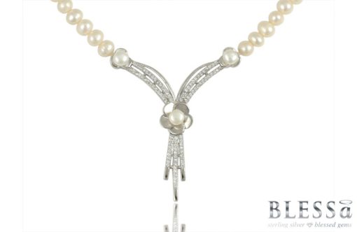 Сребърно колие "IRINI" с покритие от родий с Естествени култивирани перли и Циркони на бижутерия Blessa цена 135.00лв