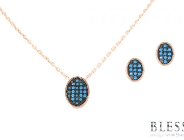 Сребърен Комплект “TURQUOISE" колие и обеци с покритие от розово злато на бижутерия Blessa цена 79.00лв