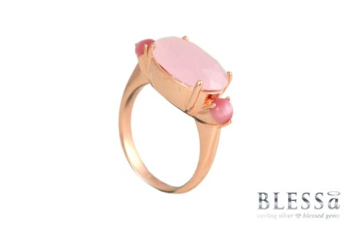 Сребърен пръстен "LA ROSA“ с покритие от розово злато с камъни Розов кварц и котешко око на бижутерия Blessa цена 79.00лв