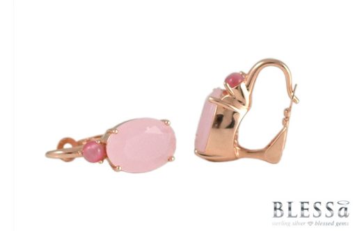 Сребърни обеци "LA ROSA“ с покритие от розово злато с камъни Розов кварц и котешко око на бижутерия Blessa цена 79.00лв